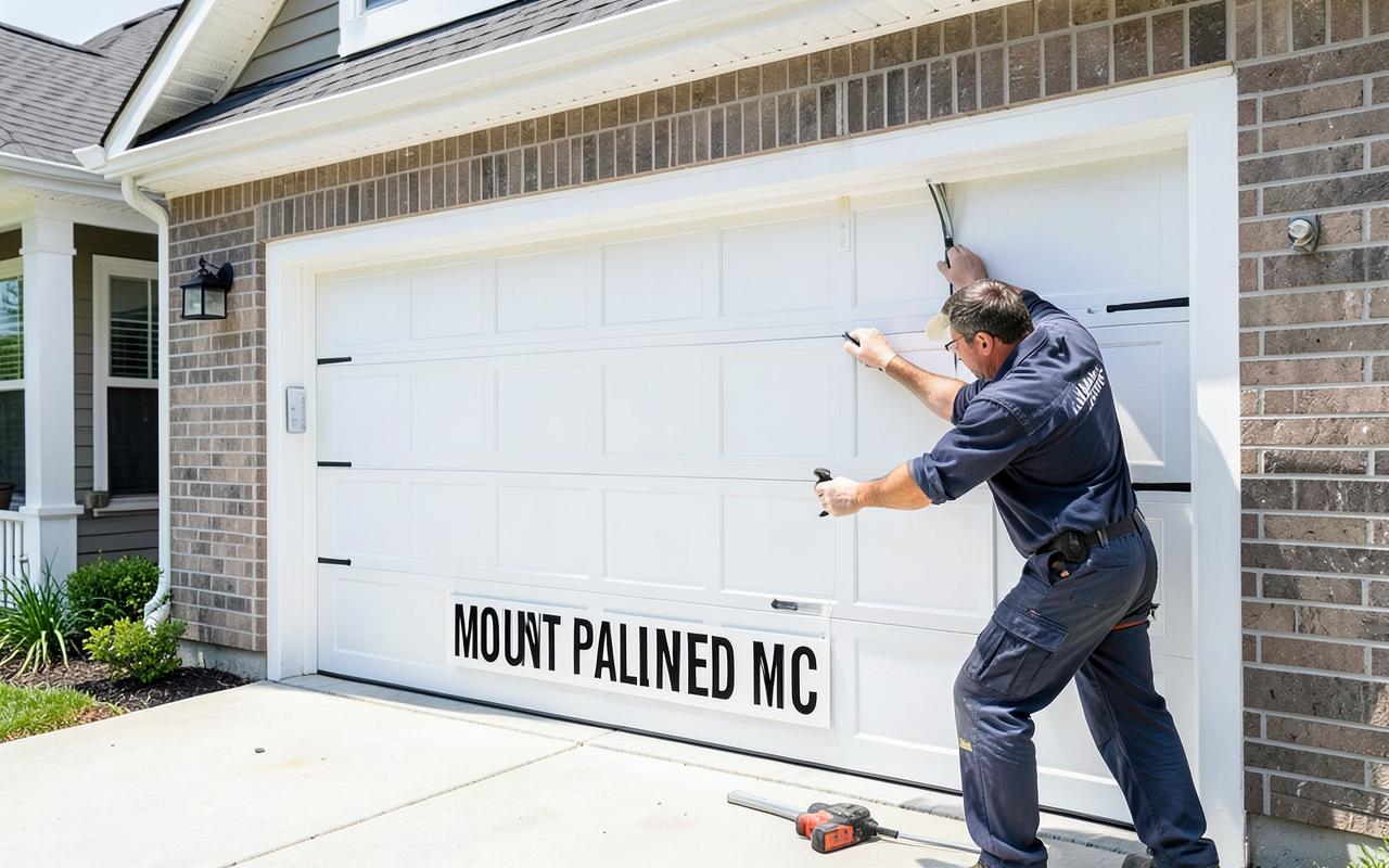 Technician installing a new garage door on a home in Mount Pleasant, NC