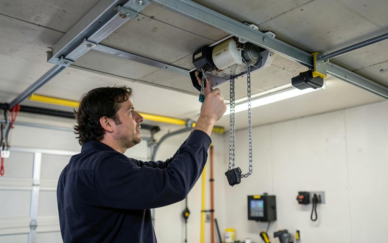 Technician repairing a garage door opener motor unit in Mount Pleasant, NC
