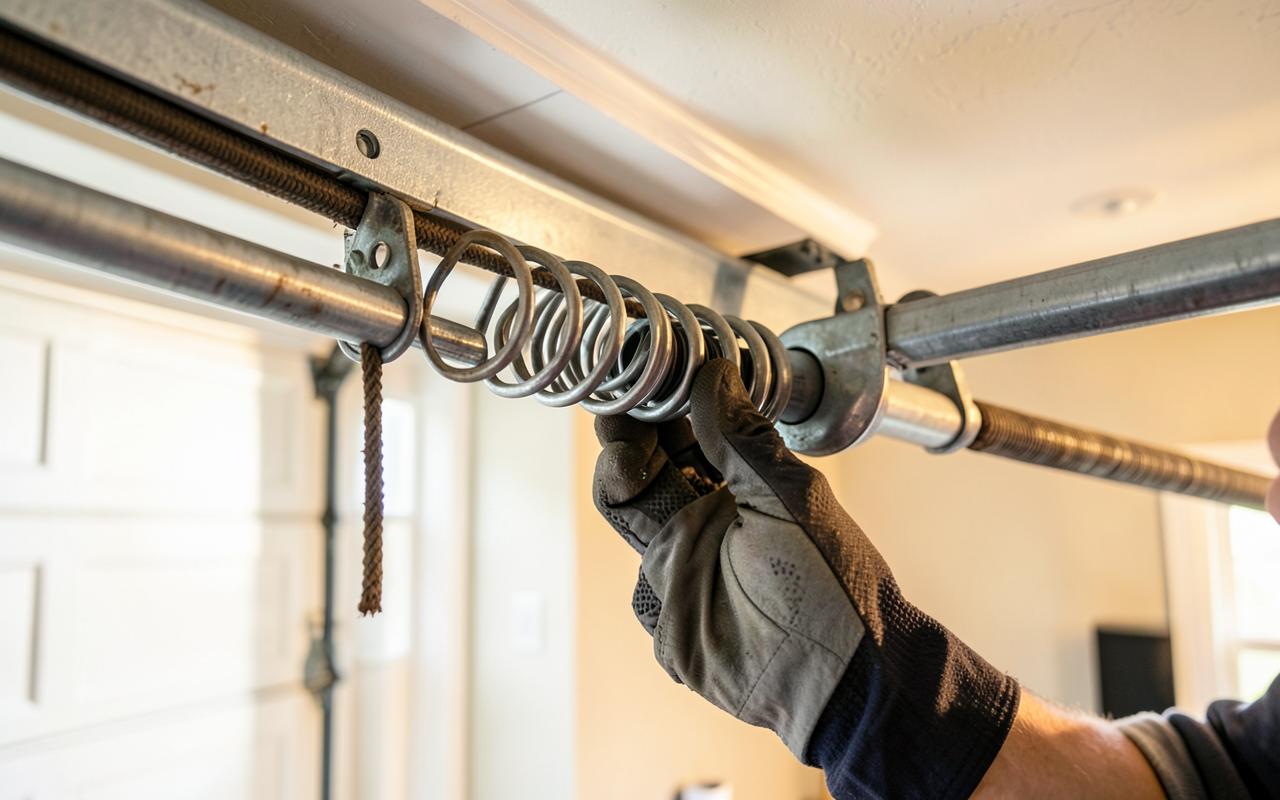 Technician inspecting a garage door torsion spring during a repair in Mount Pleasant, NC